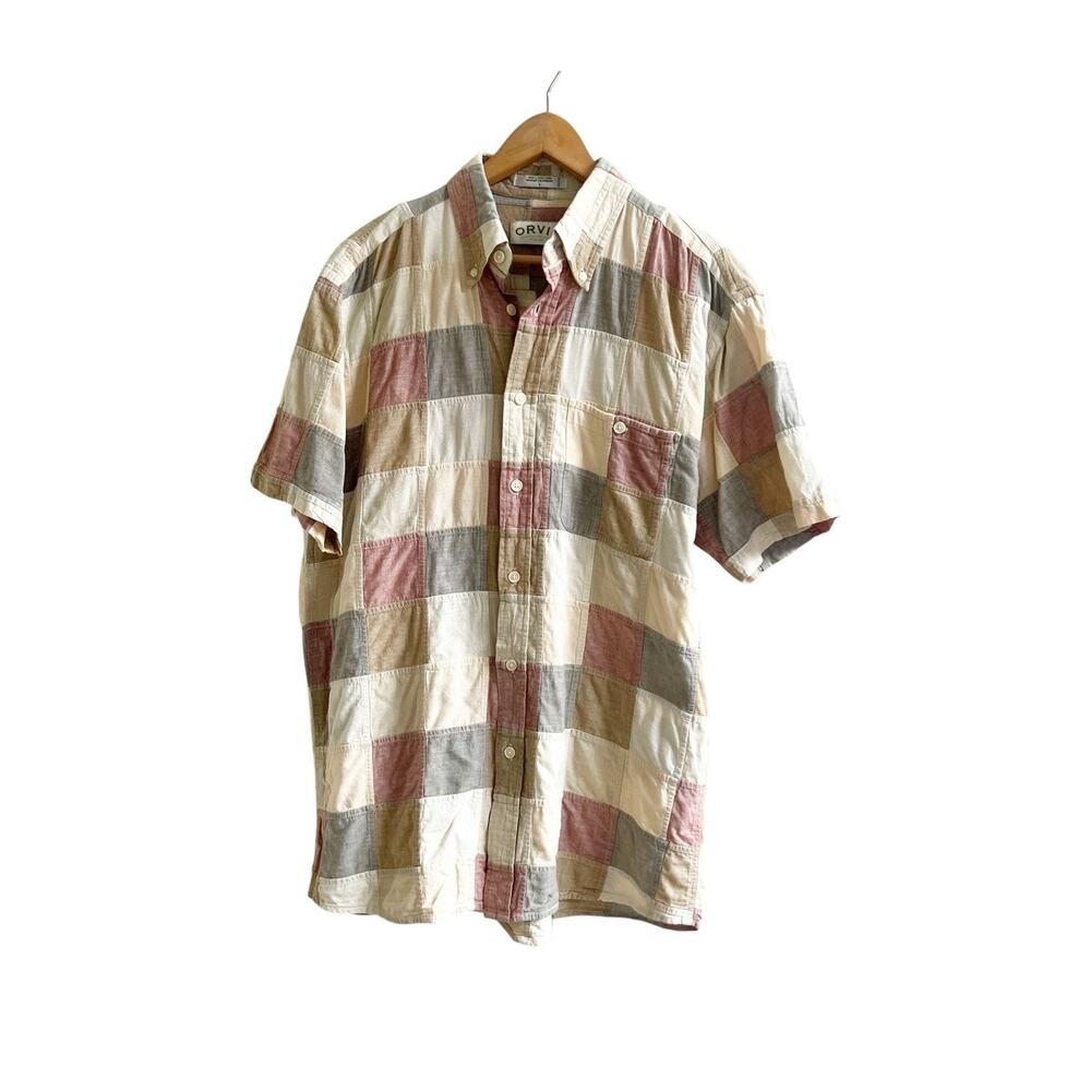 Orvis Men’s Vintage Patchwork Short Sleeve Button Down Shirt Cotton Neutrals